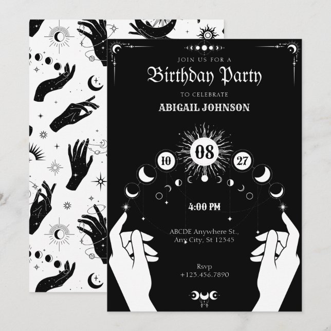 Invitation Black and white Boho Moon mystical hand birthday (Devant / Derrière)
