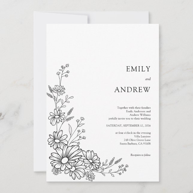 Invitation Black and White Botanical Daisy Garden Wedding (Devant)