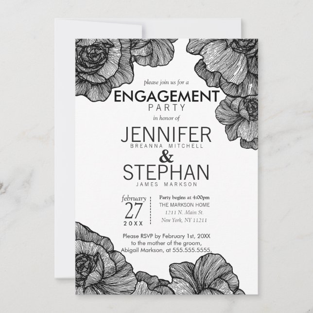Invitation Black and White Elegant Floral Engagement Party (Devant)