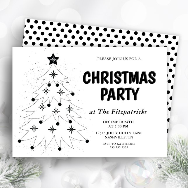 Invitation Black and White Festive Tree Christmas Party (Black and White Festive Tree Christmas Party Invitation)