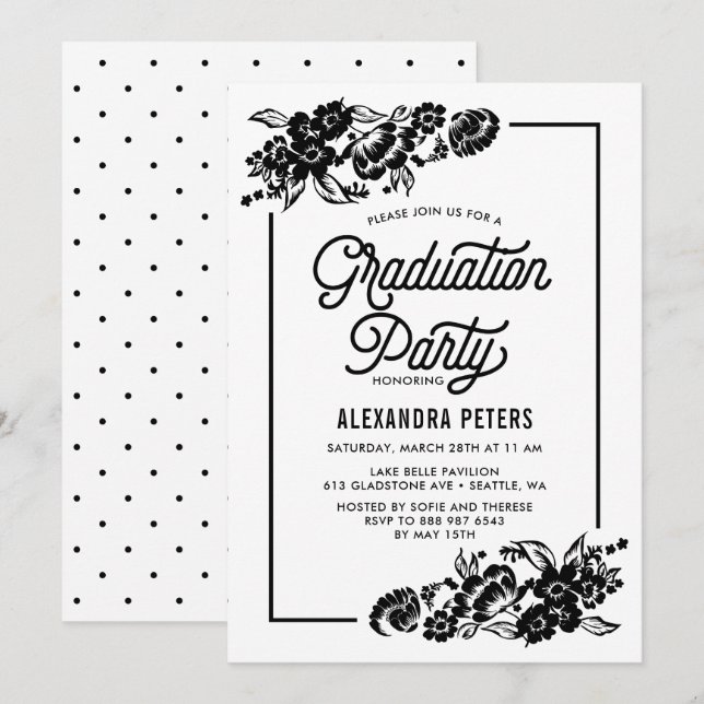 Invitation Black and White Floral Graduation Party (Devant / Derrière)