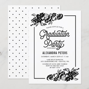 Invitation Black and White Floral Graduation Party