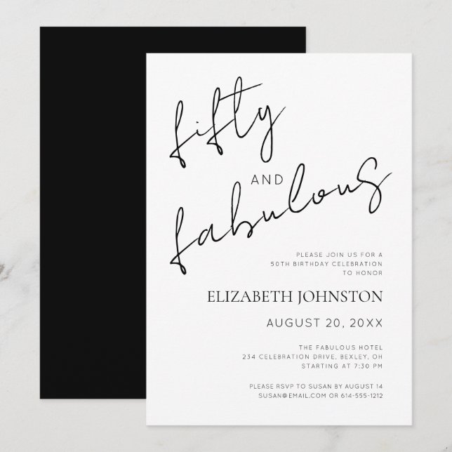 Invitation Black and White Minimal 50 and Fabulous Birthday (Devant / Derrière)