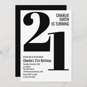 Invitation Black and White Modern 21e fête d'anniversaire