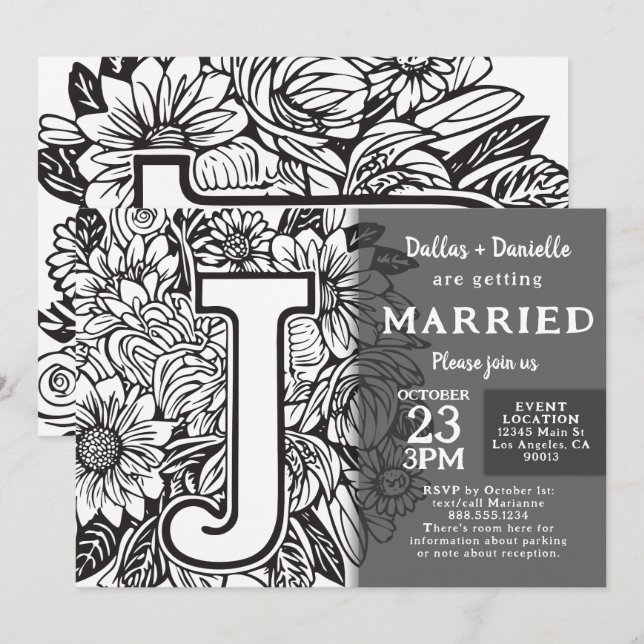 Invitation Black and White Monogram J Tattoo Flowers Wedding (Devant / Derrière)