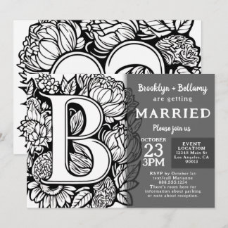 Invitation Black and White Monogram Tattoo Flowers Wedding