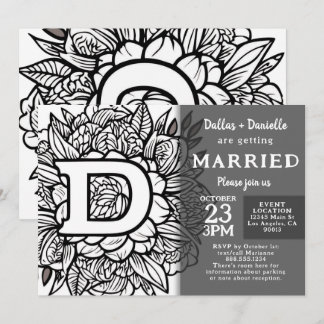 Invitation Black and White Monogram Tattoo Flowers Wedding