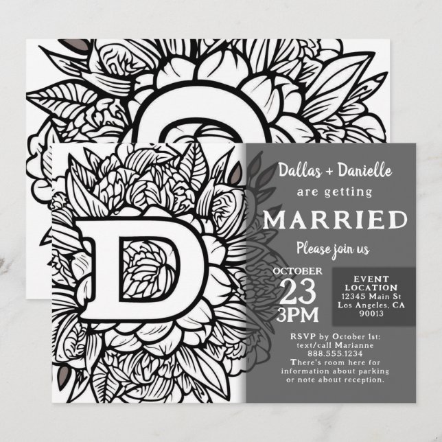 Invitation Black and White Monogram Tattoo Flowers Wedding (Devant / Derrière)