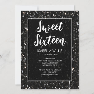Invitation Black and white sparkles Sweet 16 élégant script