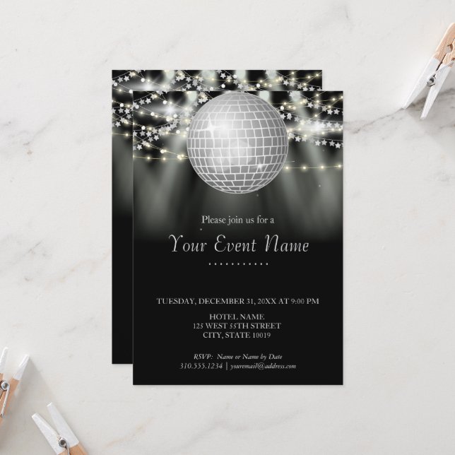 Invitation Black and White Sparkling Stars Party (Devant/Arrière en situation)