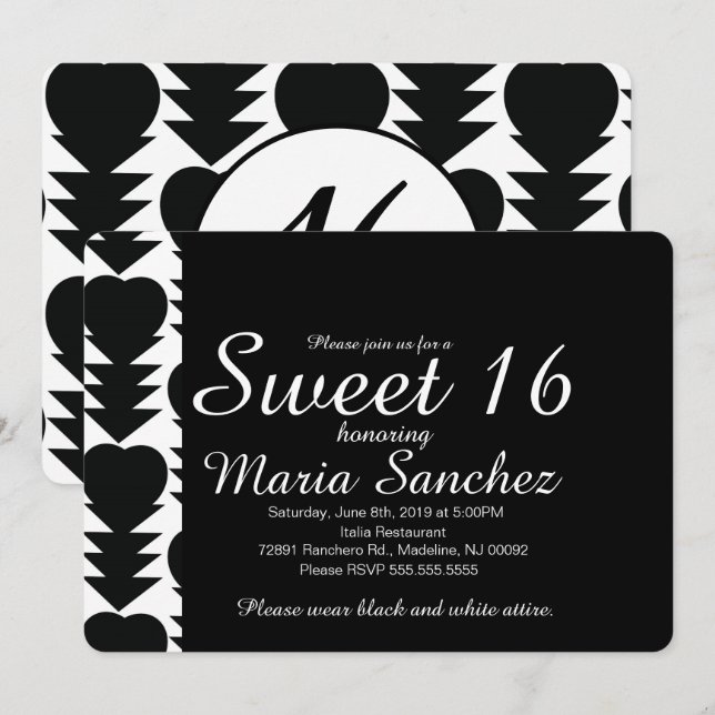 Invitation Black and White Sweet 16 Coeur fête d'anniversaire (Devant / Derrière)
