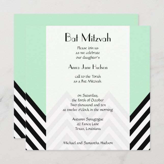 Invitation Black and White Zigzag Pattern, Green, bat mitzvah (Devant / Derrière)