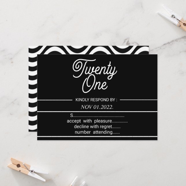 Invitation Black and Withe Modern 21st Birthday Party (Devant/Arrière en situation)