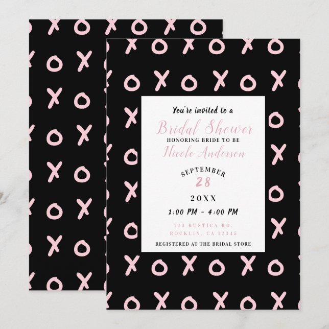 Invitation Black & Baby Pink X O XO XO Fête des mariées tenda (Devant / Derrière)