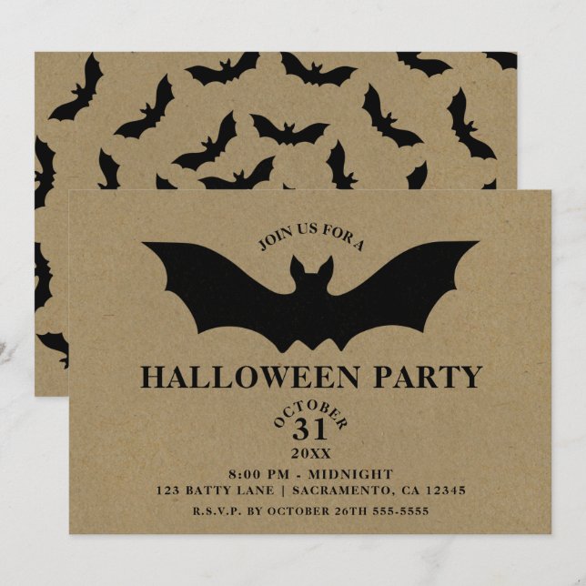 Invitation Black Bat Russe Kraft Halloween Party (Devant / Derrière)