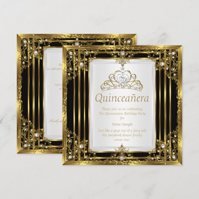 Invitation Black Black Pearl Princesse Quinceanera (Devant / Derrière)