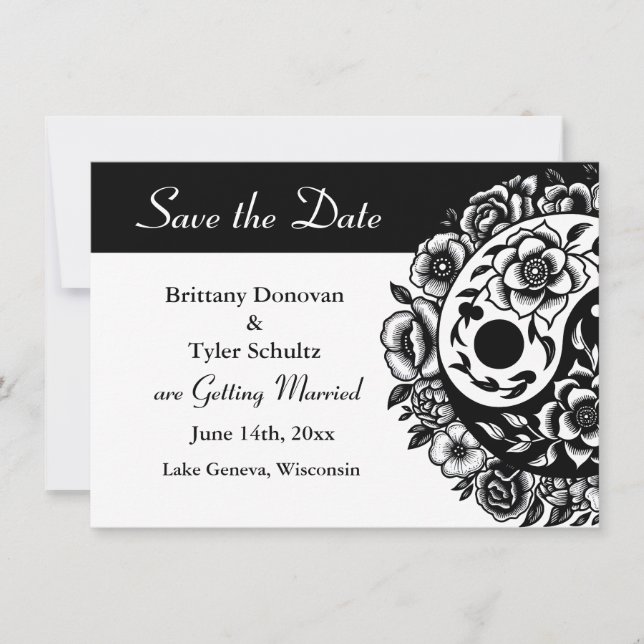 Invitation Black Blanc Floral Yin Yang Mariage Enregistrer la (Devant)