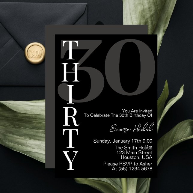 Invitation Black Blanc minimaliste Trente anniversaire (Créateur téléchargé)