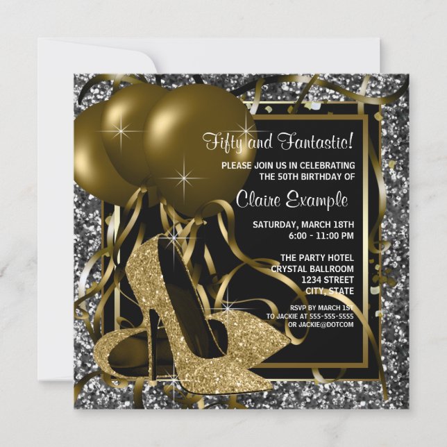 Invitation Black Blanc Or talons hauts femmes fête d'annivers (Devant)
