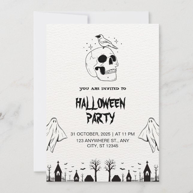 Invitation Black Blanc Simple Halloween Party Virtual (Devant)