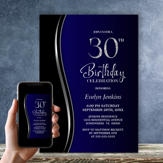 Invitation Black Blue 30th Birthday Party (Créateur téléchargé)