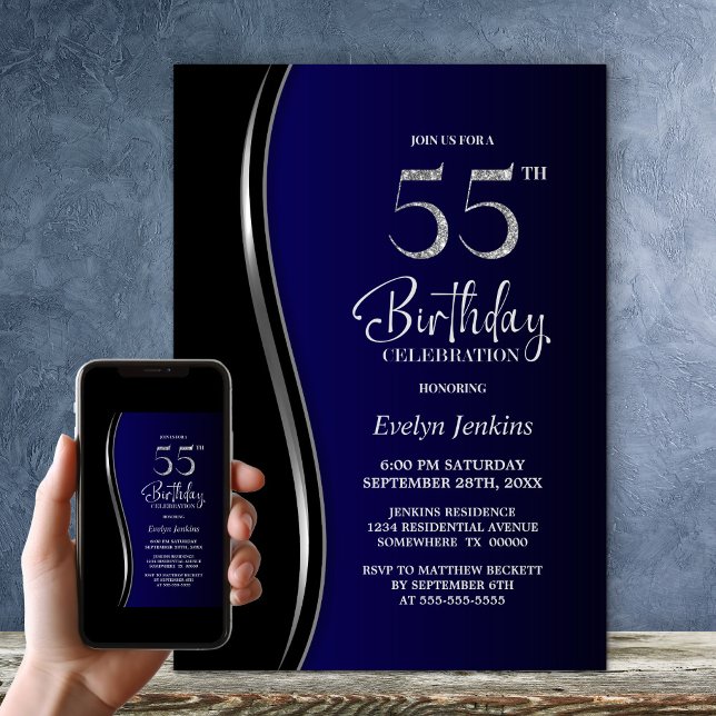 Invitation Black Blue 55e anniversaire (Créateur téléchargé)