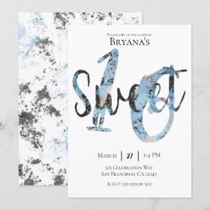 Invitation Black Blue Gold Modern Sweet 16 Anniversaire