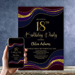 Invitation Black Blue Gold Parties scintillant 18ème annivers