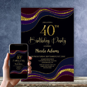 Invitation Black Blue Gold Parties scintillant 40e fête d'ann