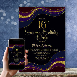 Invitation Black Blue Gold Parties scintillant Surprise 16e a