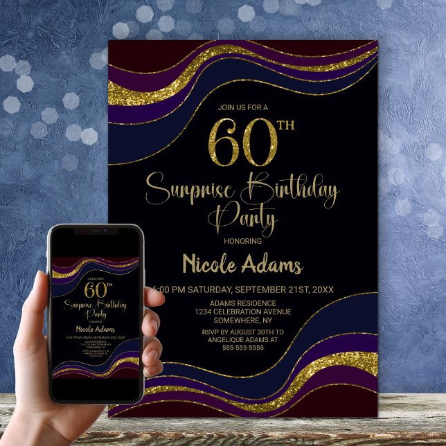Invitation Black Blue Gold Parties scintillant Surprise 60e a (Créateur téléchargé)