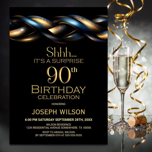 Invitation Black Blue Gold Surprise 90e fête d'anniversaire (Créateur téléchargé)