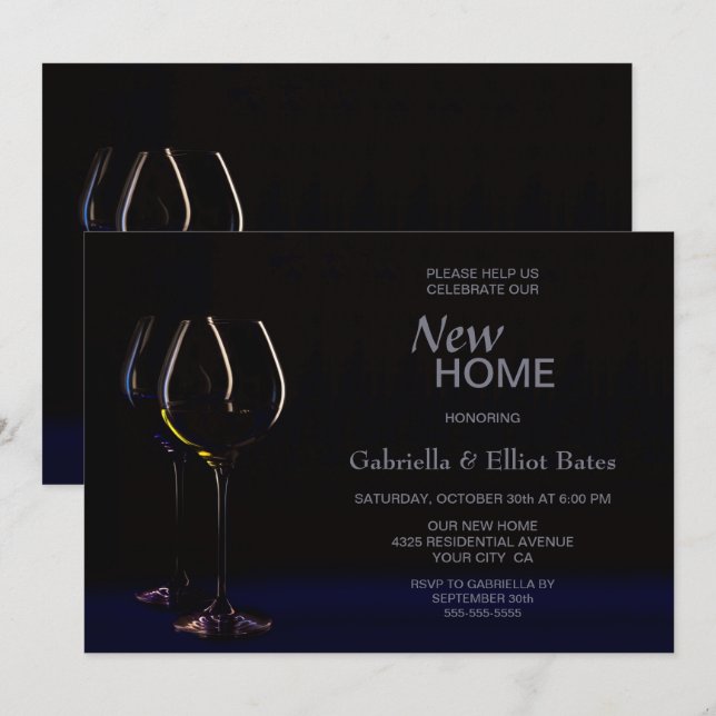 Invitation Black Blue House Wine Glass Party (Devant / Derrière)