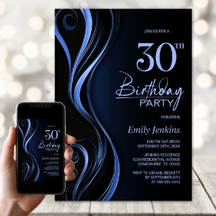 Invitation Black Blue moderne 30e fête d'anniversaire