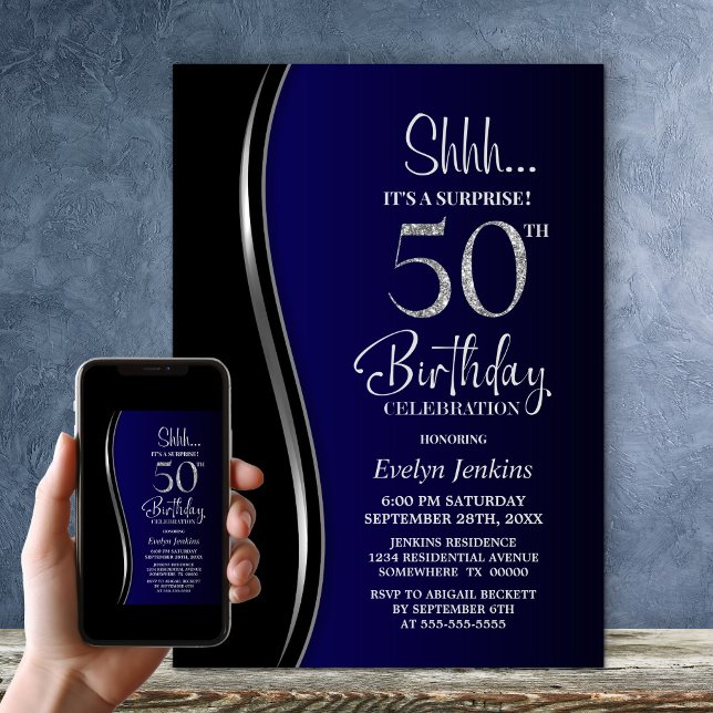 Invitation Black Blue Surprise 50e anniversaire (Créateur téléchargé)