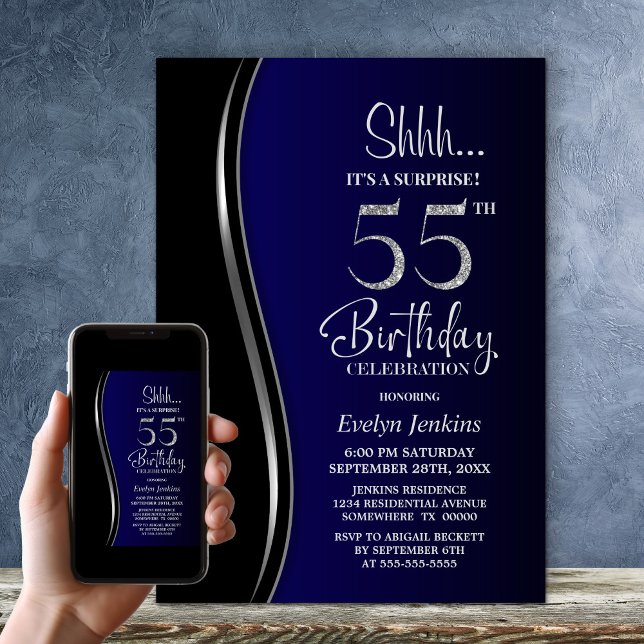 Invitation Black Blue Surprise 55e anniversaire (Créateur téléchargé)