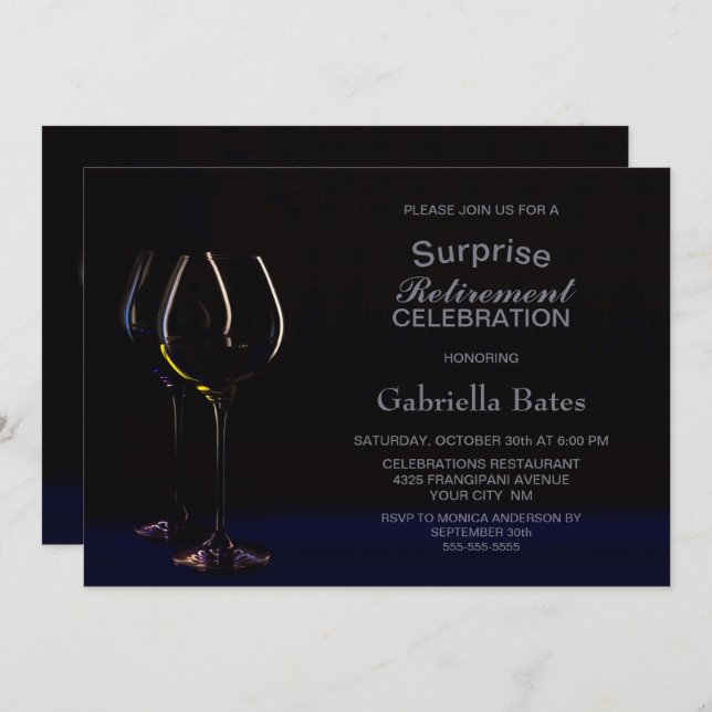Invitation Black Blue Surprise Retraite Vin Glass Party (Devant / Derrière)