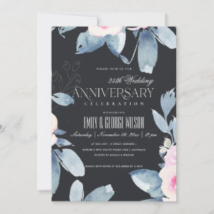 Invitation BLACK BLUSH BLEU FLORAL 25e TOUTE ANNÉE ANNIVERSAI