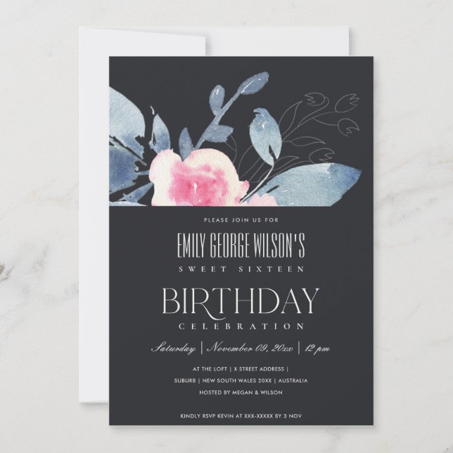 INVITATION BLACK BLUSH BLEU FLORAL SWEET 16 N'IMPORTE QUEL ÂG (Devant)