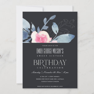 INVITATION BLACK BLUSH BLEU FLORAL SWEET 16 N'IMPORTE QUEL ÂG
