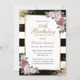 Invitation Black Blush Gold Confetti Floral 50e anniversaire