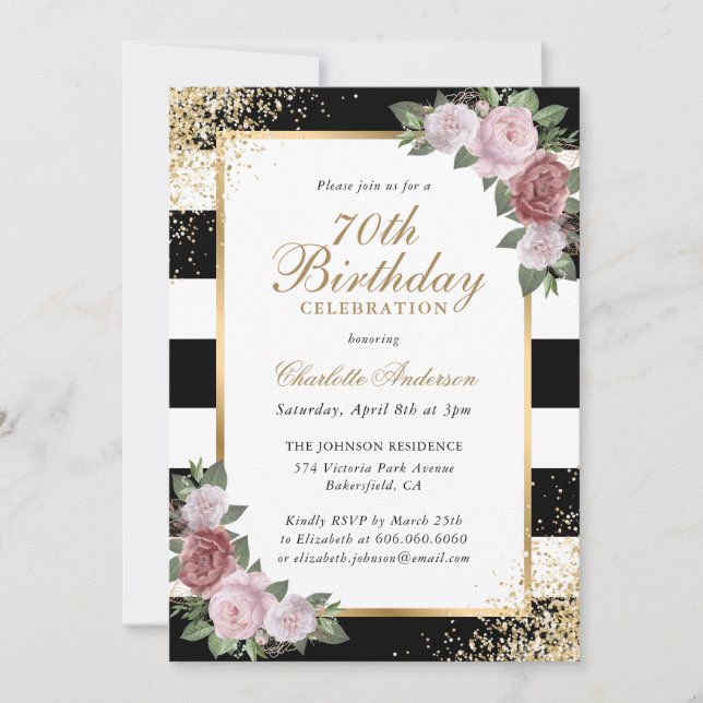 Invitation Black Blush Gold Confetti Floral 70e anniversaire (Devant)