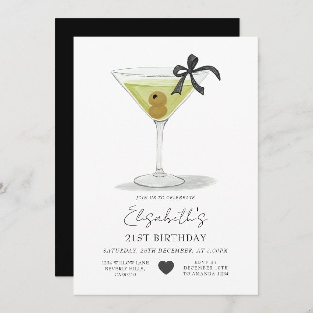 Invitation Black Bow A tiny bit older Olive Martini Birthday (Devant / Derrière)