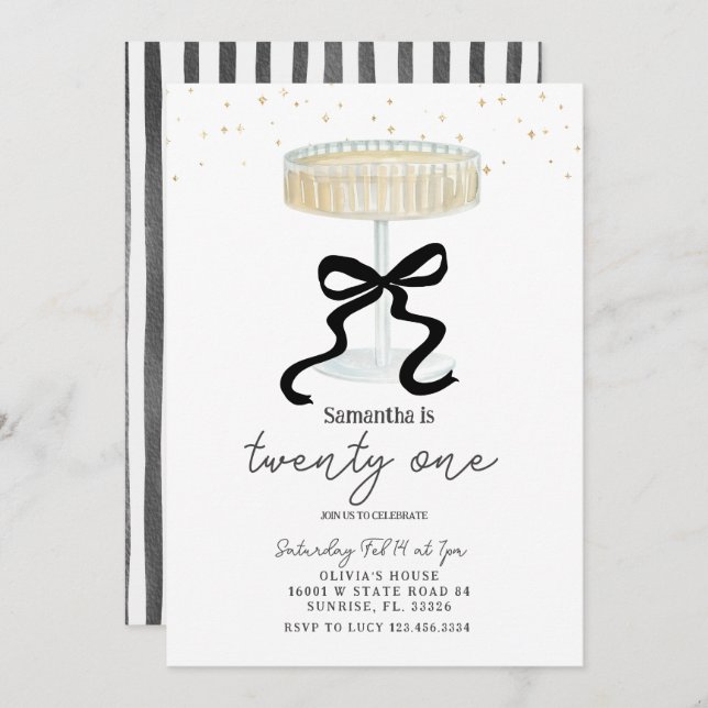 Invitation Black Bow Champagne Glass Party Invite (Devant / Derrière)