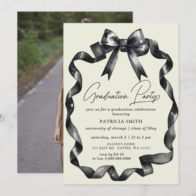 Invitation Black Bow Coquette Photo Graduation Party (Devant / Derrière)