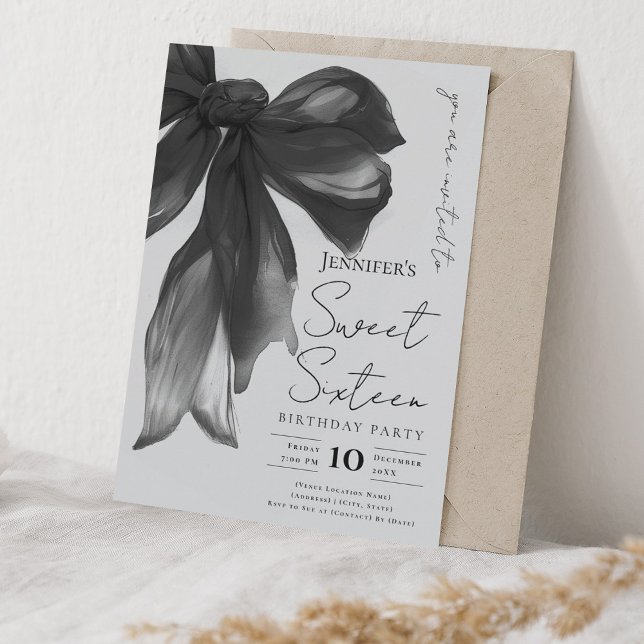 Invitation Black Bow Coquette Script Sweet 16 Party Gray  (Black Bow Coquette Script Sweet 16 Party Gray Invitation)