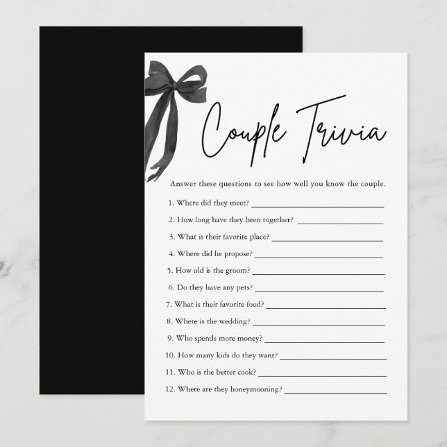 Invitation Black Bow Couple Trivia Fête des mariées Jeu (Devant / Derrière)