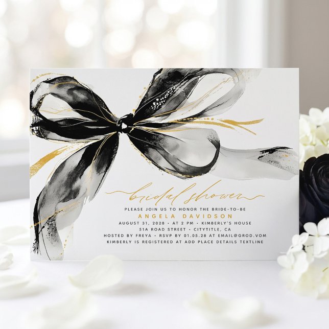 Invitation Black Bow Elegant Romantic Modern Bridal Shower (Black Bow Whimsical Hand Drawn Bridal Shower Invitation )