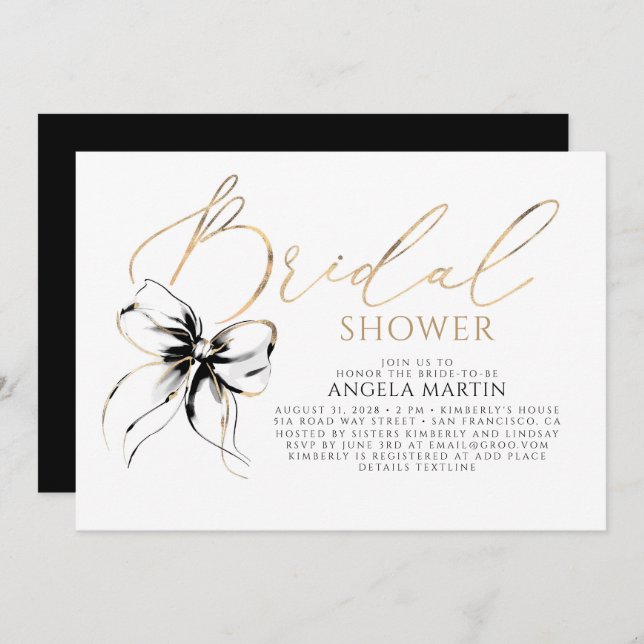 Invitation Black Bow Elegant Romantic Modern Bridal Shower (Devant / Derrière)