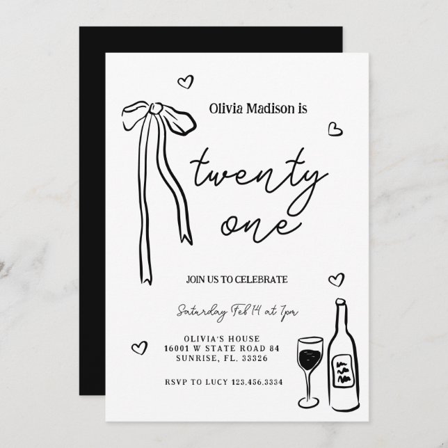 Invitation Black Bow Minimaliste 21ème anniversaire (Devant / Derrière)